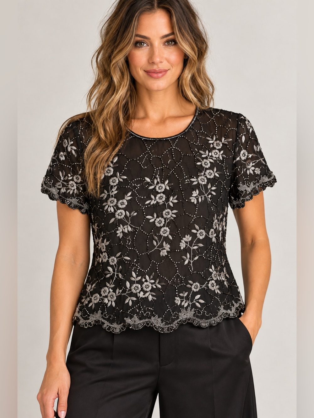 Vintage Papell Boutique Evening black silk blouse in women’s size XL featuring b